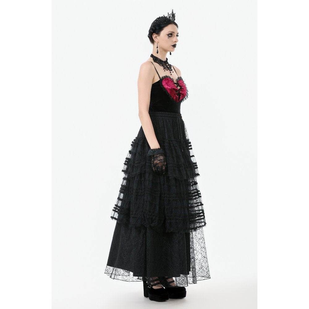 Dark in Love Morticia Gothic Velvet & Lace Tiered Skirt in Black