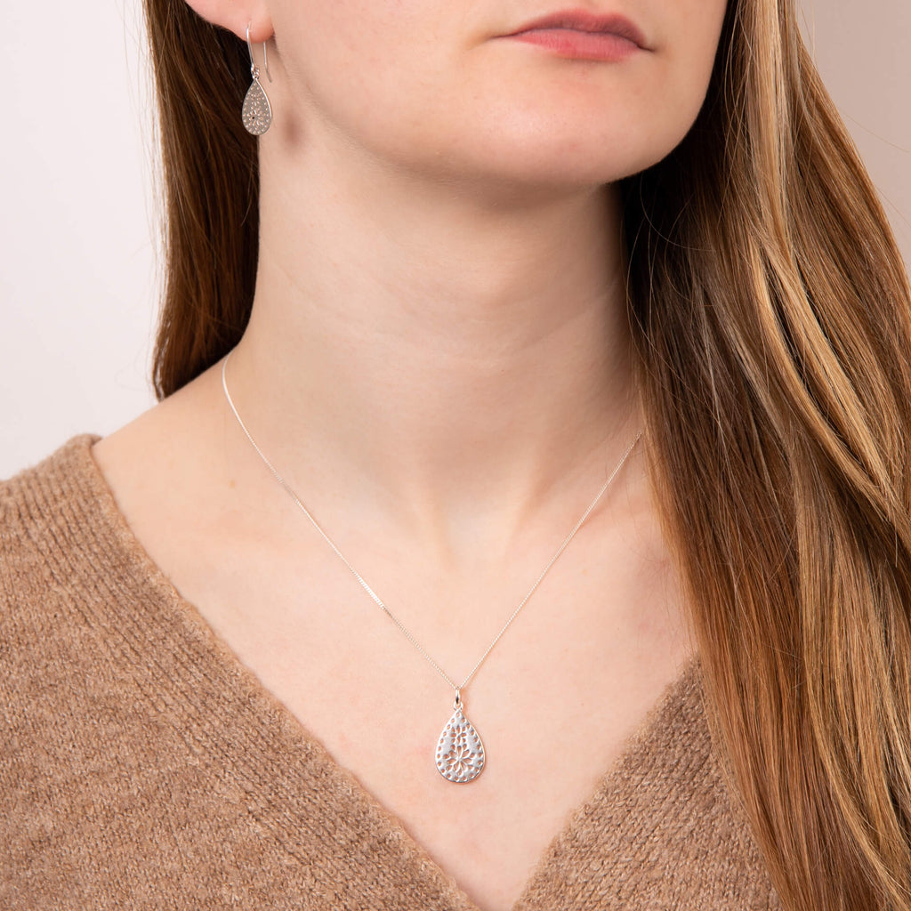 Gecko Jewellery Recycled Sterling Silver Cut Out Lace Drop Earrings