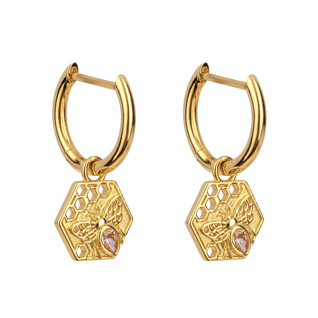 Gecko Jewellery Bee Hexagon Hoop Earrings – Gold Plated Silver Topaz