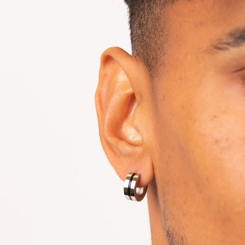 Fred Bennett Black Enamel Stripe Hoop Earrings in Stainless Steel