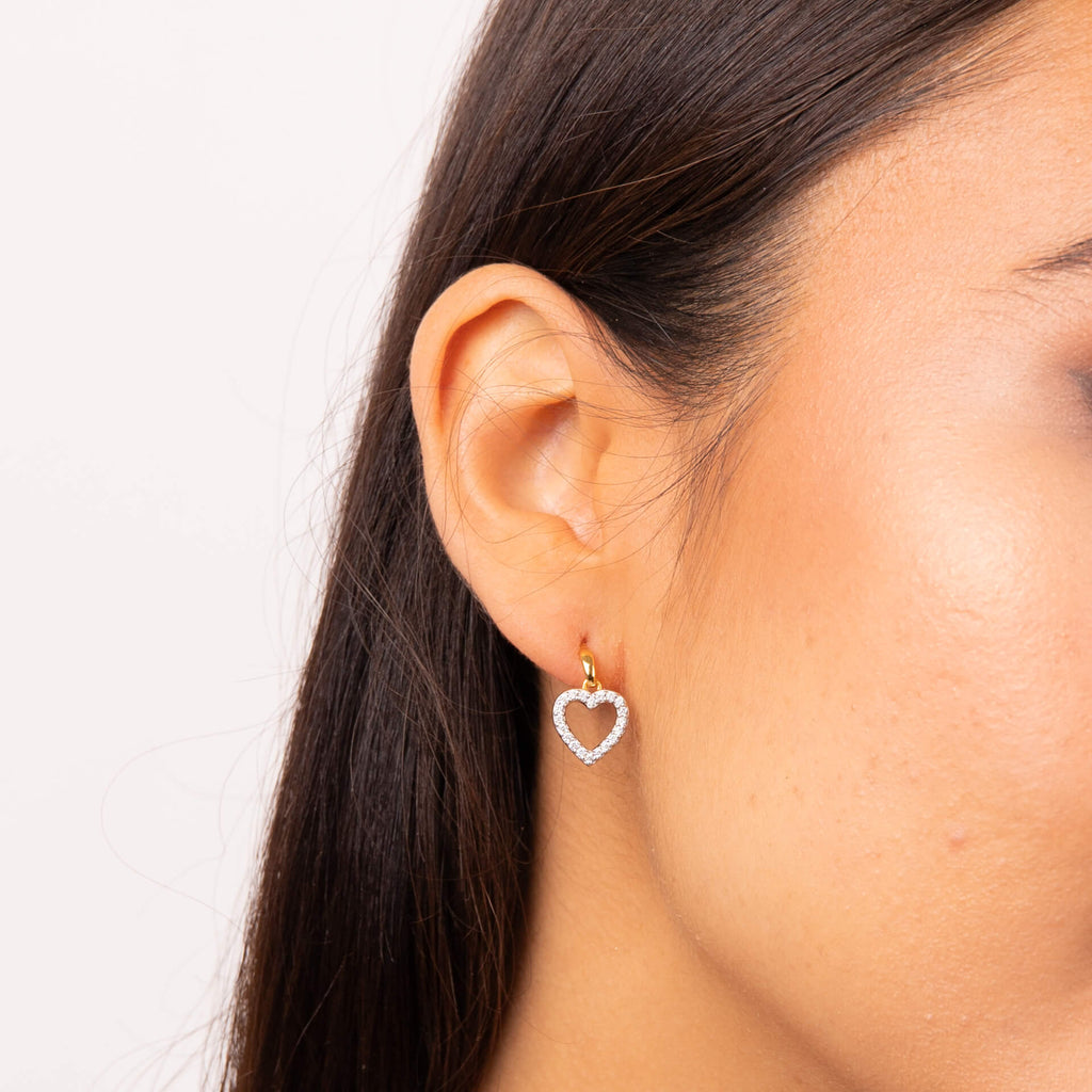 Gecko Jewellery Pave Heart Drop Earrings | 24ct Gold Plated Silver