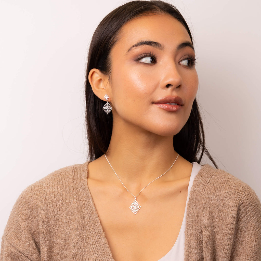 Gecko Jewellery Geometrical Lace Drop Earrings in Recycled Silver