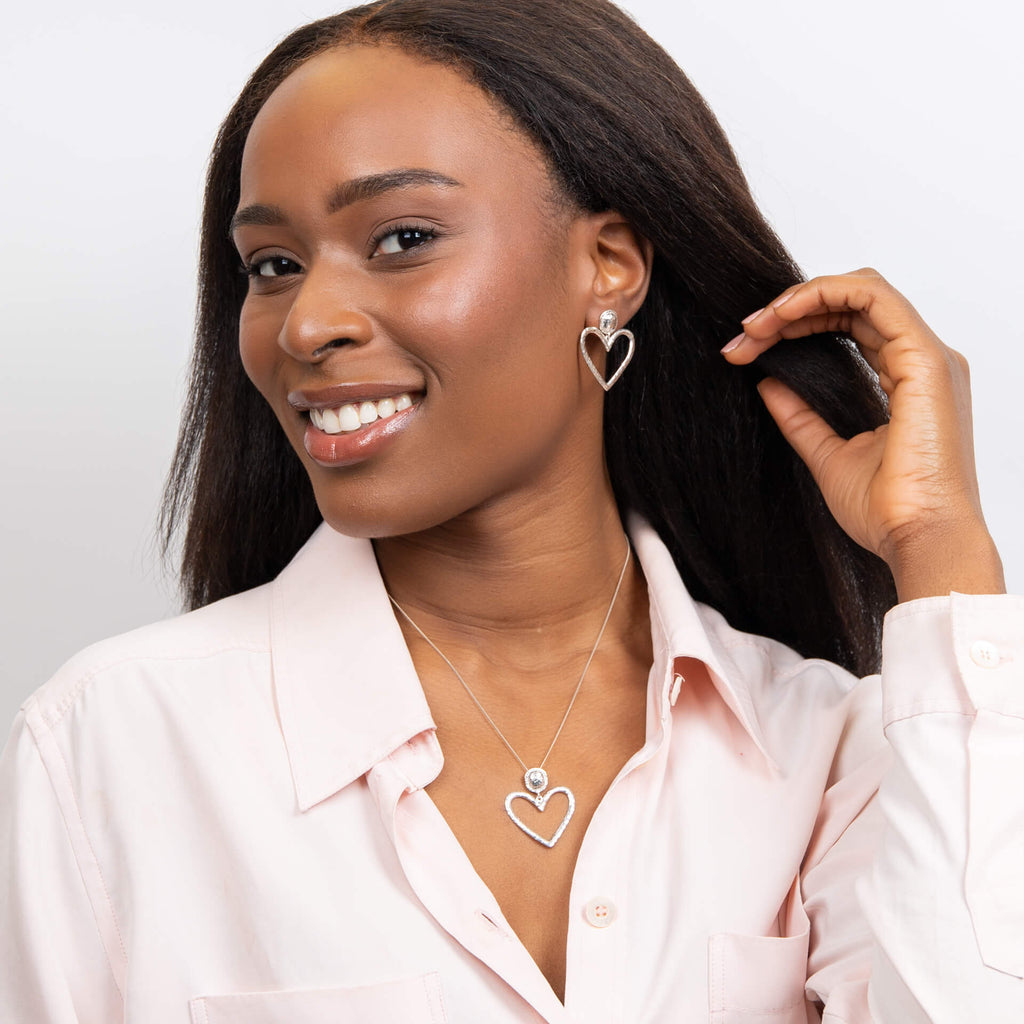 Gecko Jewellery Large Hammered Heart Drop Earrings – Open Heart Design