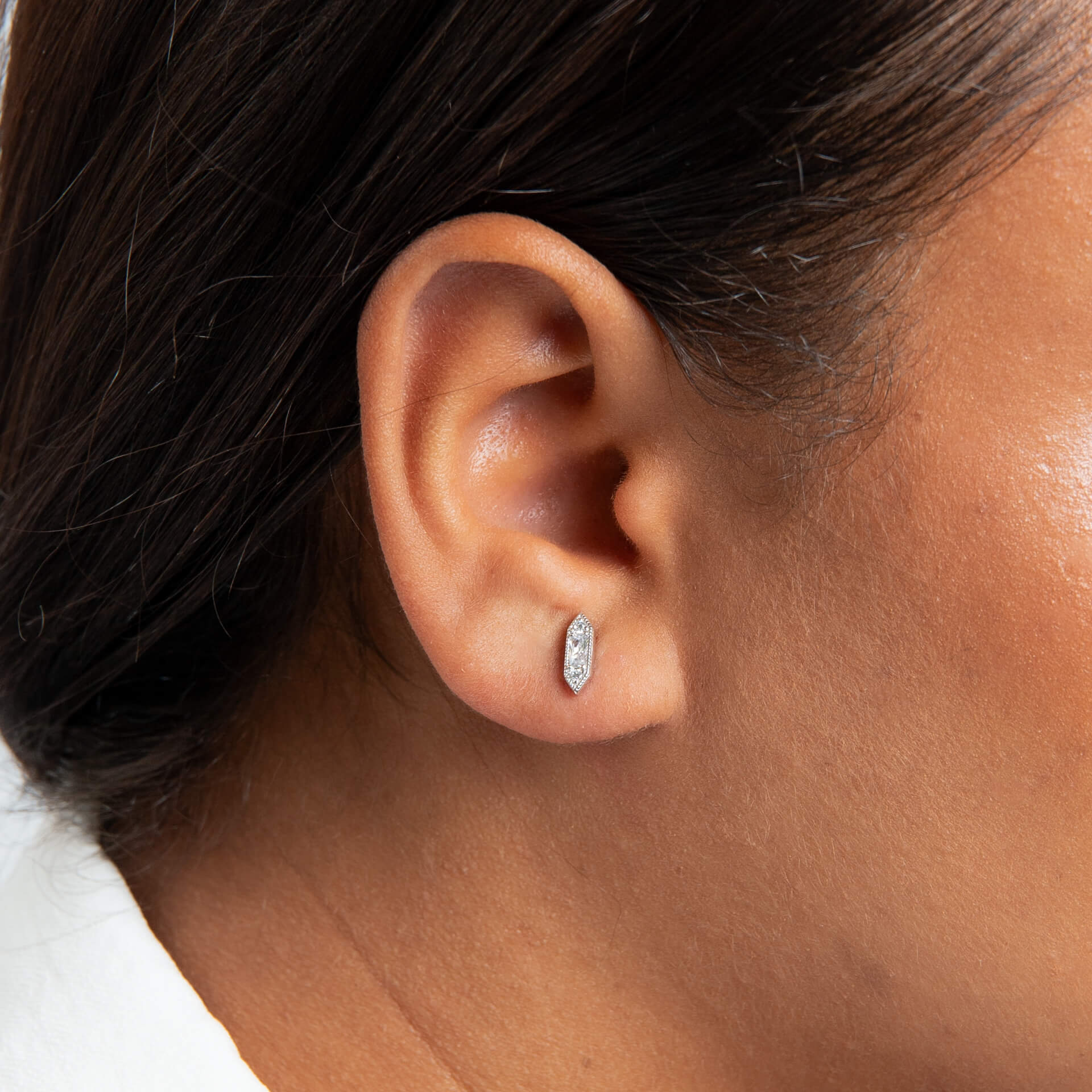 Gecko Jewellery Elongated Hexagon Stud Earrings | Silver & Zirconia