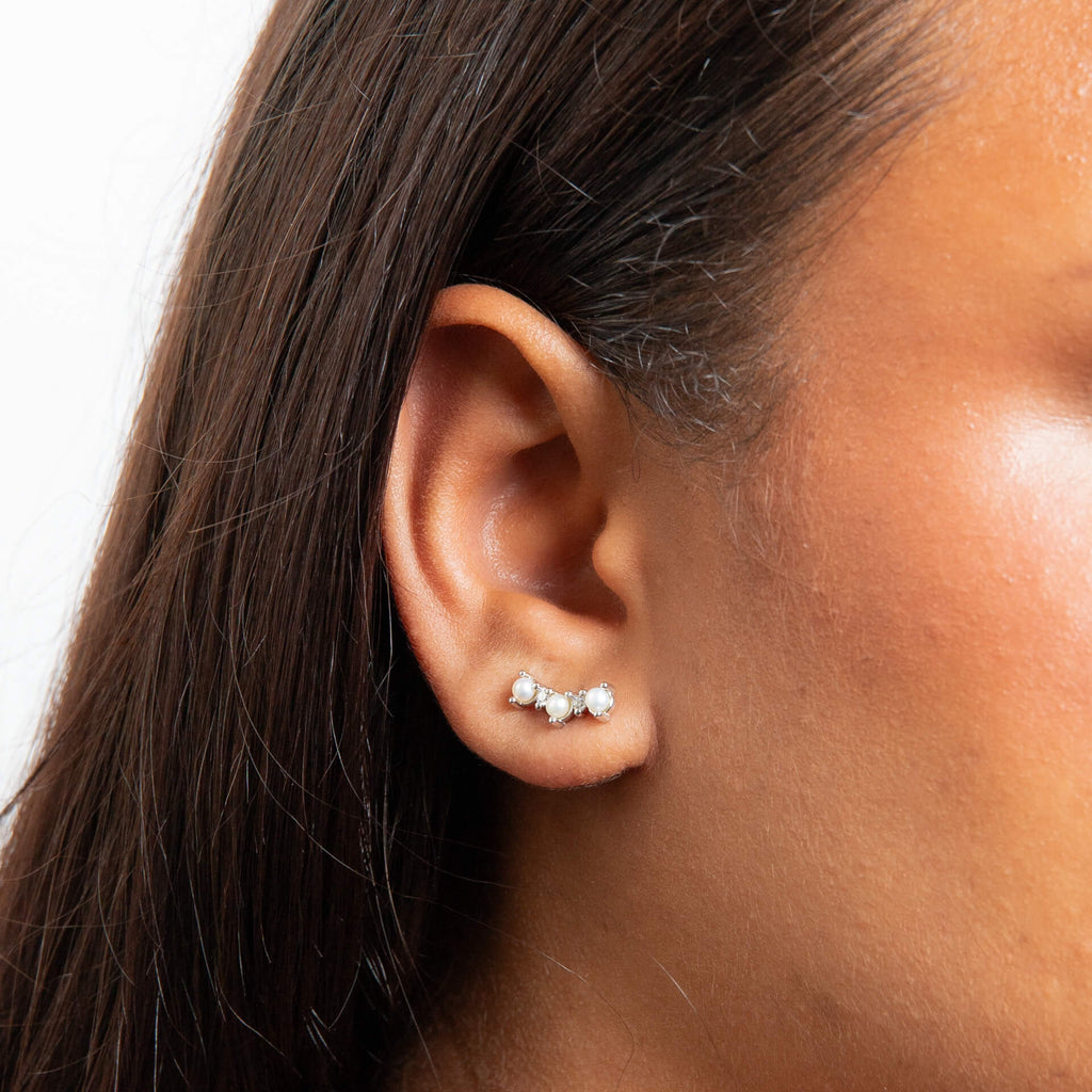 Gecko Jewellery Pearl & Cubic Zirconia Crawler Earrings in Silver