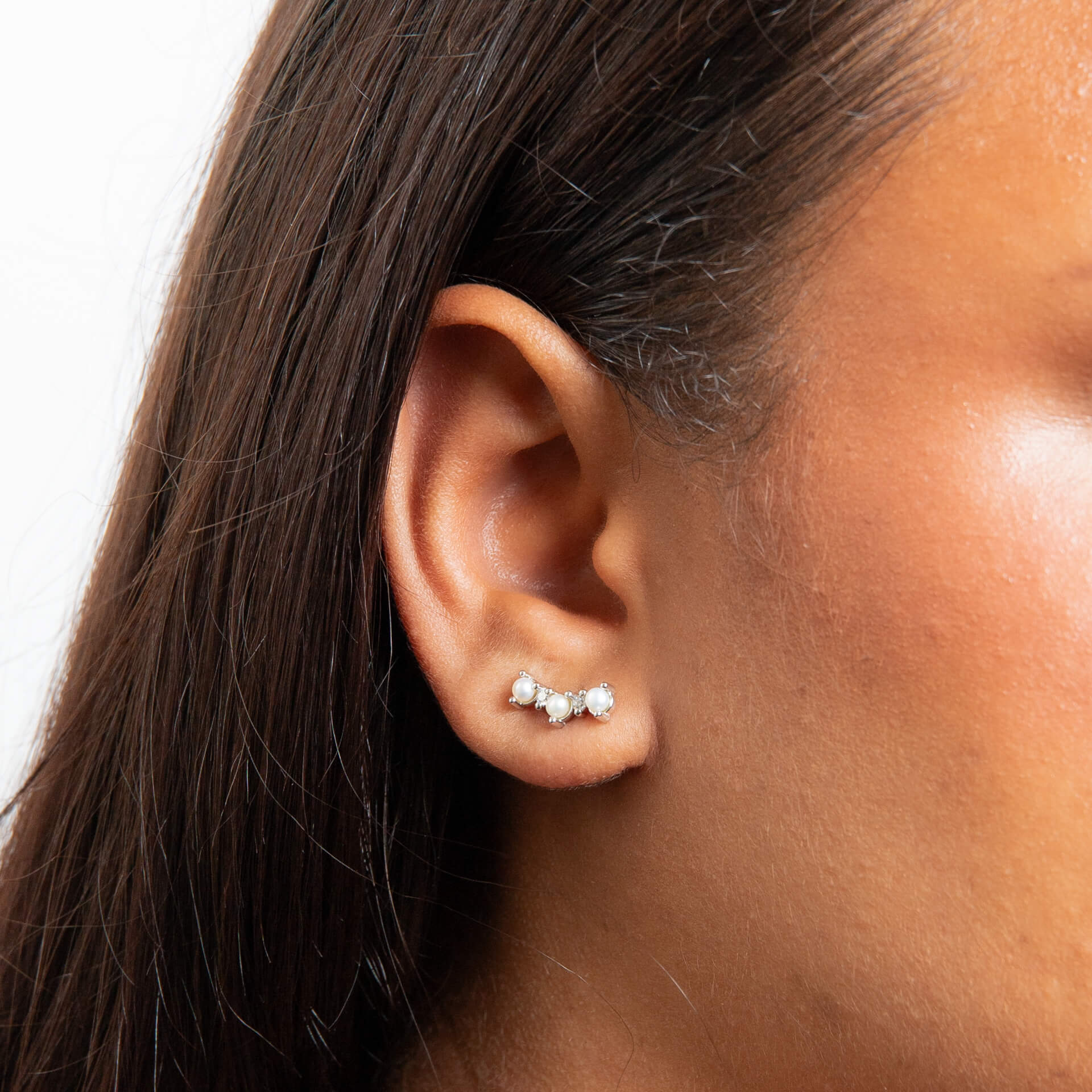 Gecko Jewellery Pearl & Cubic Zirconia Crawler Earrings in Silver