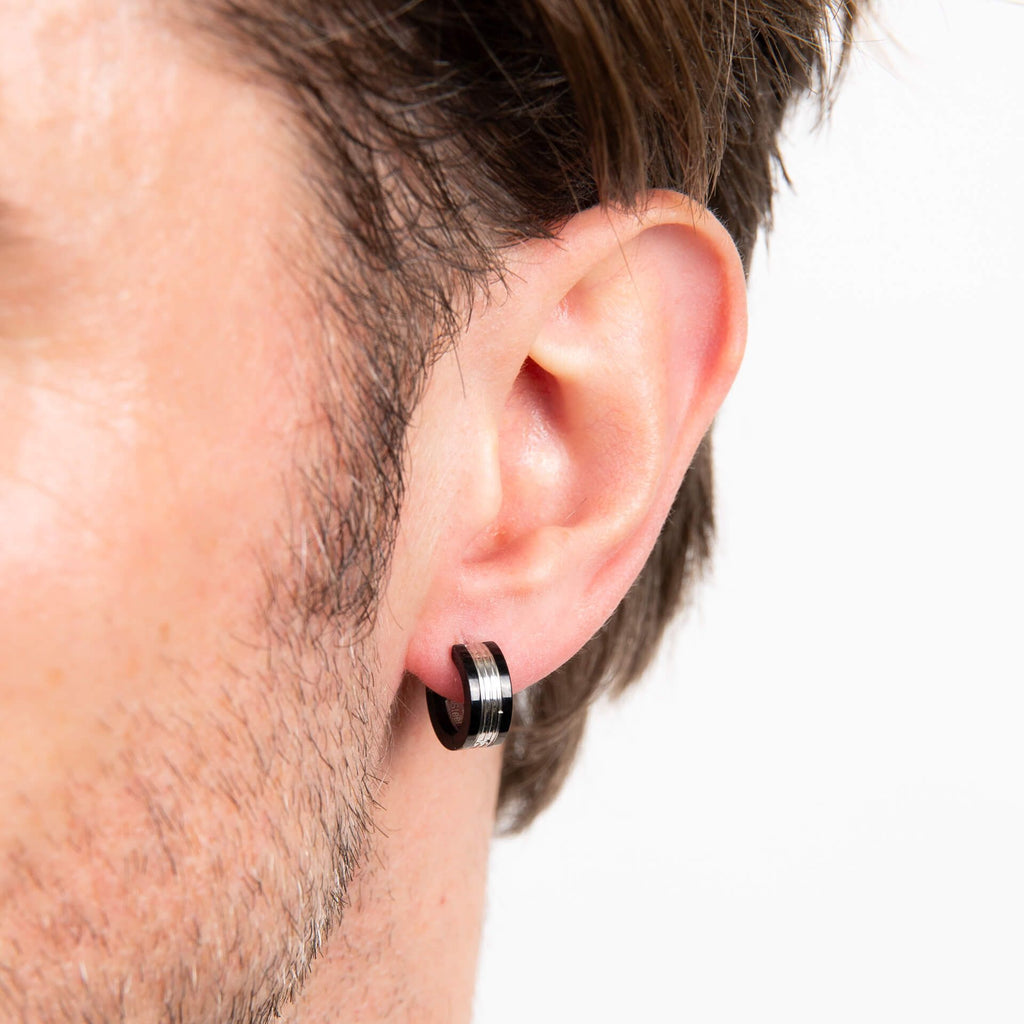Gecko Jewellery Black Detail Stainless Steel Hoop Earrings for Men