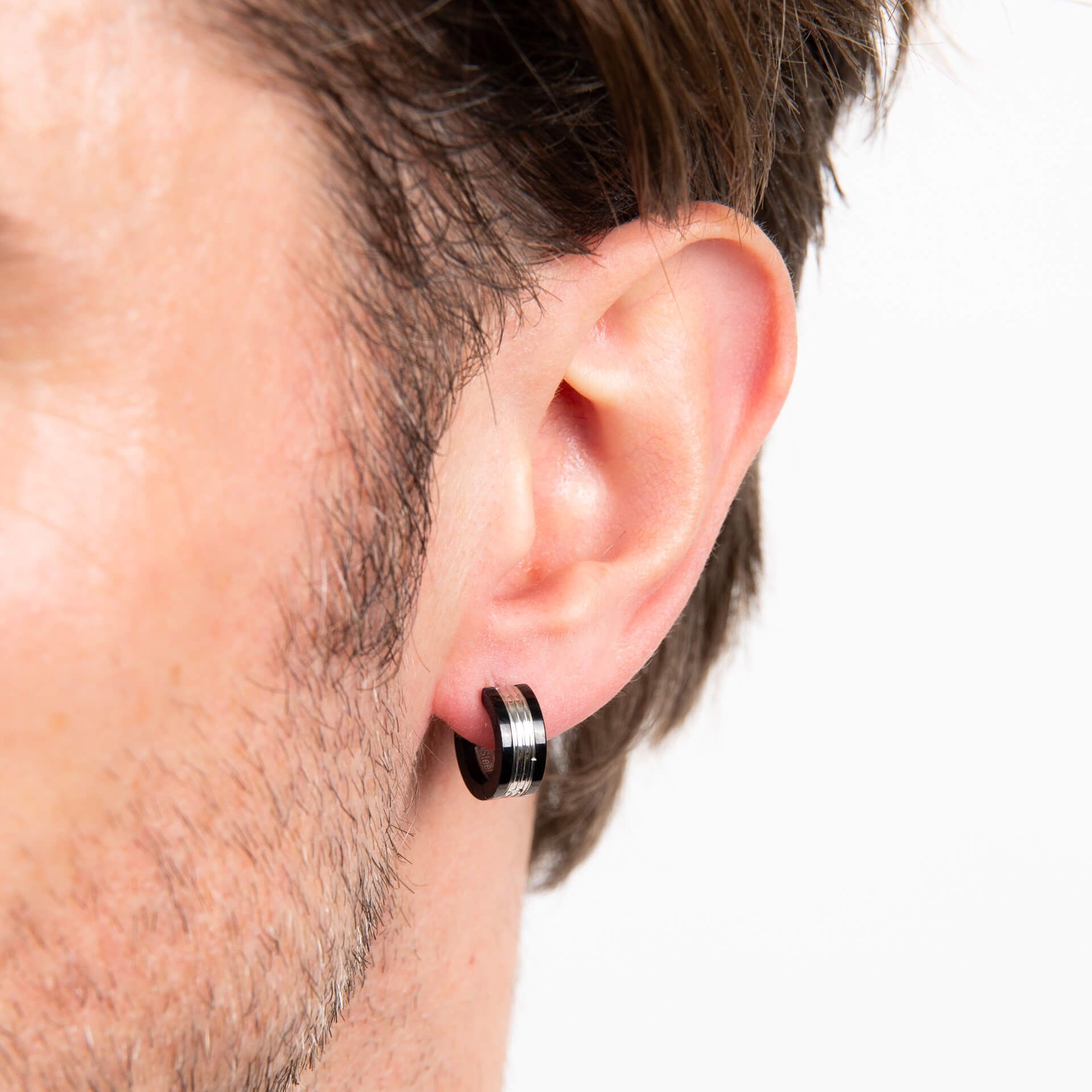 Gecko Jewellery Black Detail Stainless Steel Hoop Earrings for Men