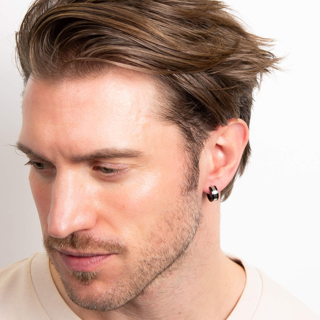 Gecko Jewellery Black Detail Stainless Steel Hoop Earrings for Men