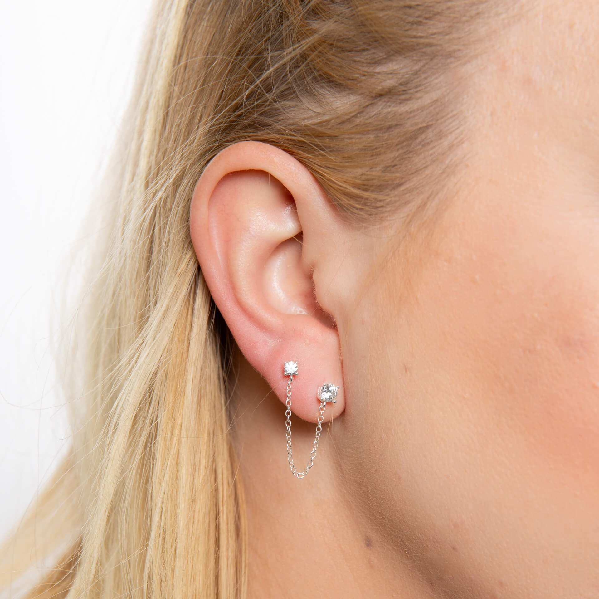 Gecko Jewellery Cubic Zirconia Double Stud Chain Connector Earrings