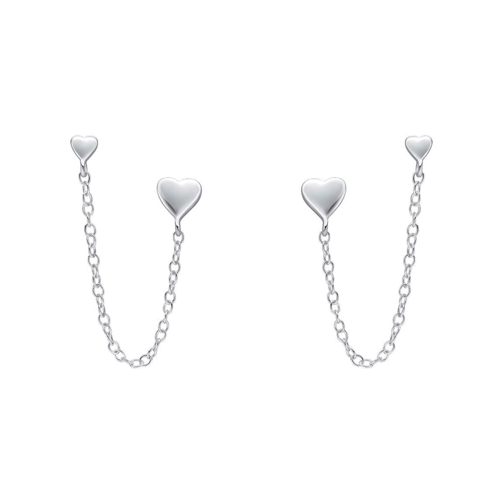 Gecko Jewellery Heart Chain Connector Double Stud Earrings - Silver