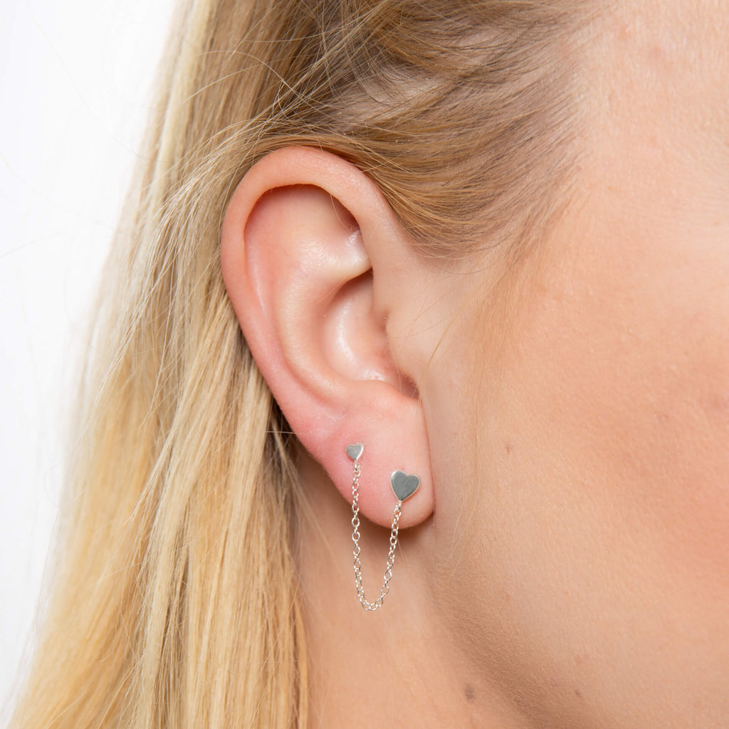 Gecko Jewellery Heart Chain Connector Double Stud Earrings - Silver