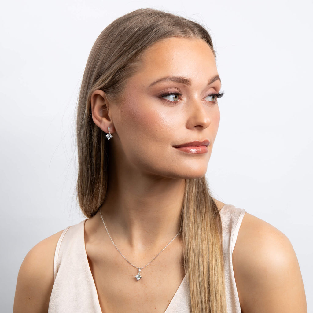 Gecko Jewellery Princess Cut Drop Pendant | Sterling Silver & Platinum