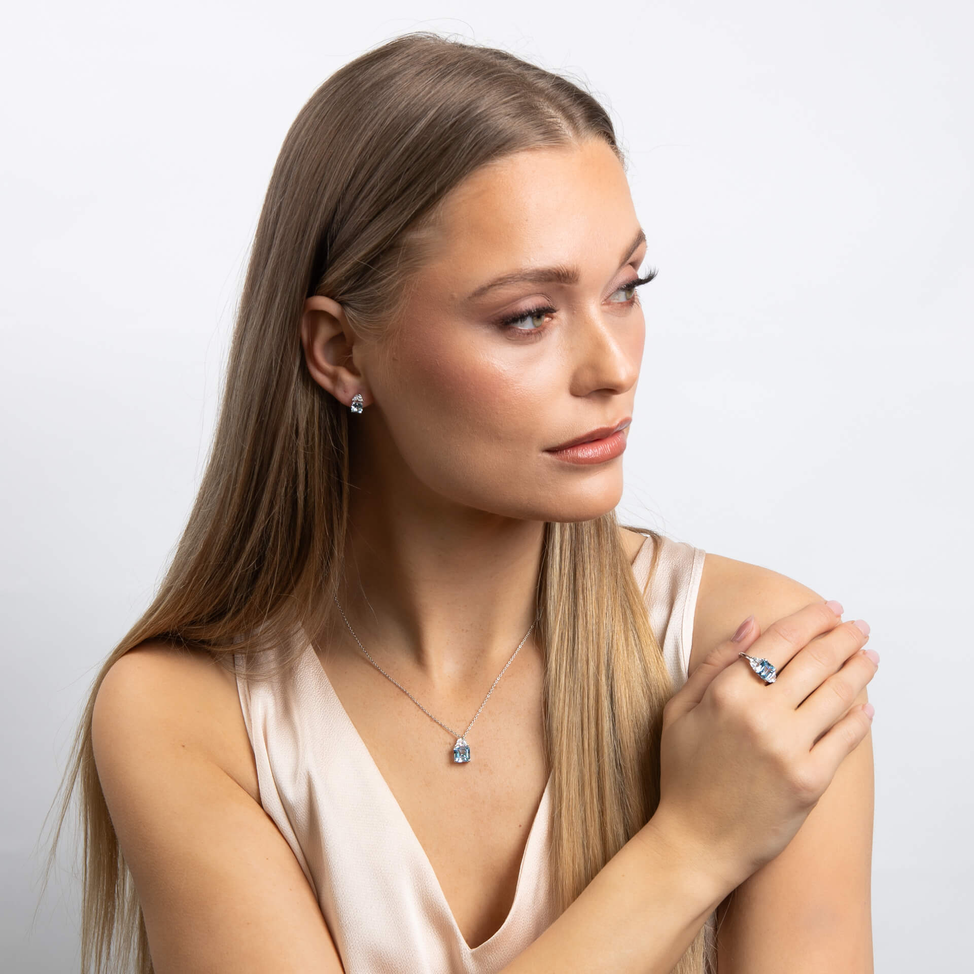 Gecko Jewellery Square Cut Sterling Silver Necklace with Blue Zirconia