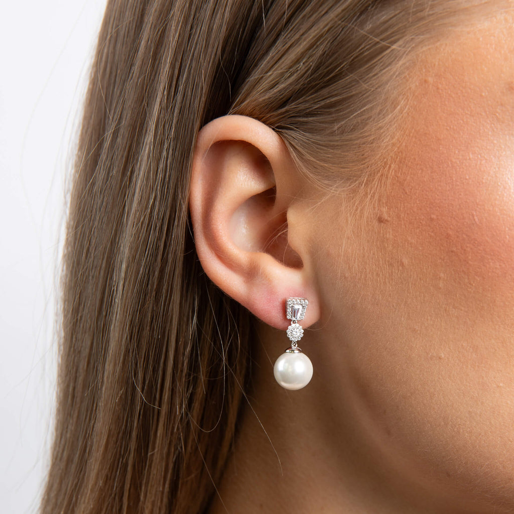 Gecko Jewellery Zirconia and Shell Pearl Drop Earrings in Silver