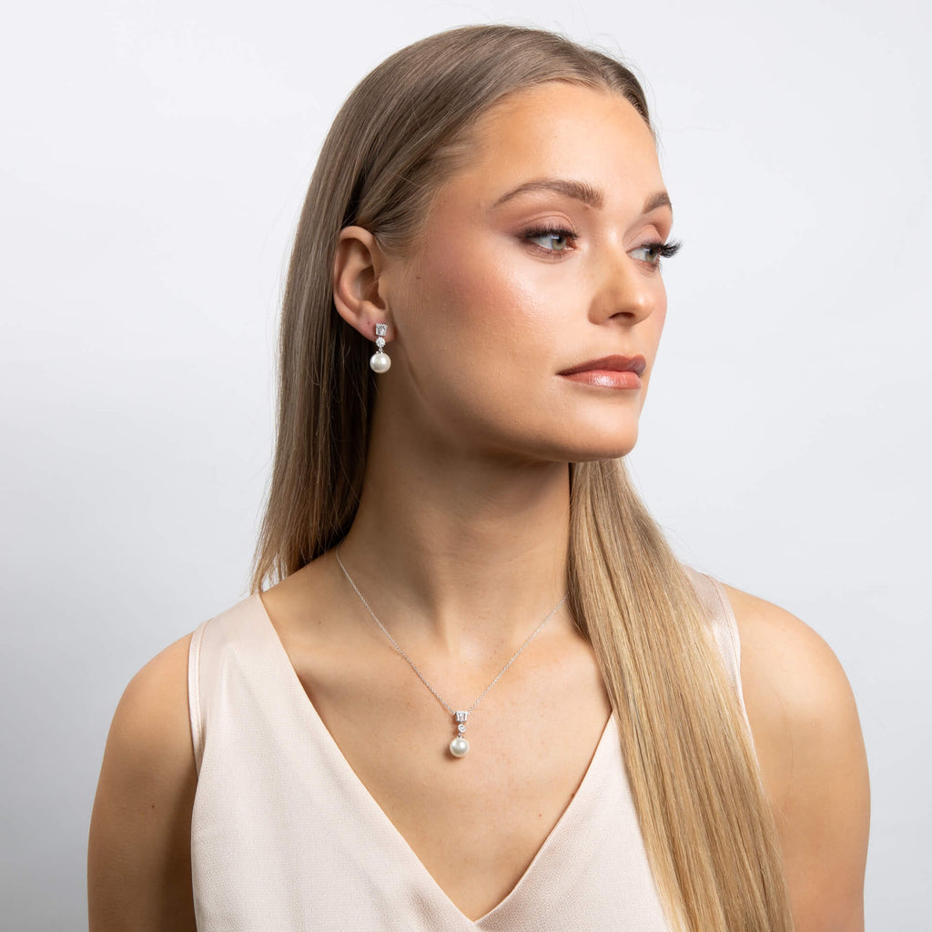 Gecko Jewellery Zirconia and Shell Pearl Drop Earrings in Silver