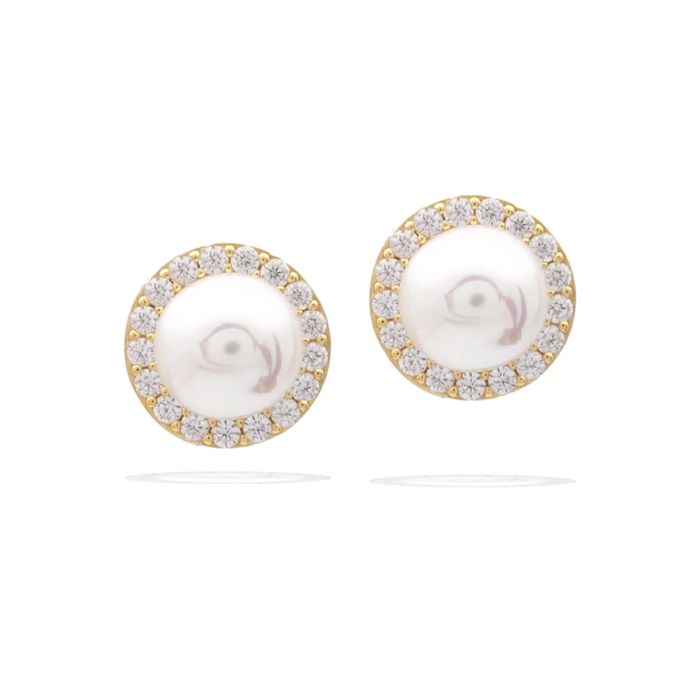 Diamonfire Shell Pearl and Zirconia Halo Stud Earrings in Sterling Silver