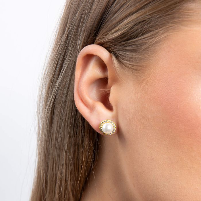 Diamonfire Shell Pearl and Zirconia Halo Stud Earrings in Sterling Silver