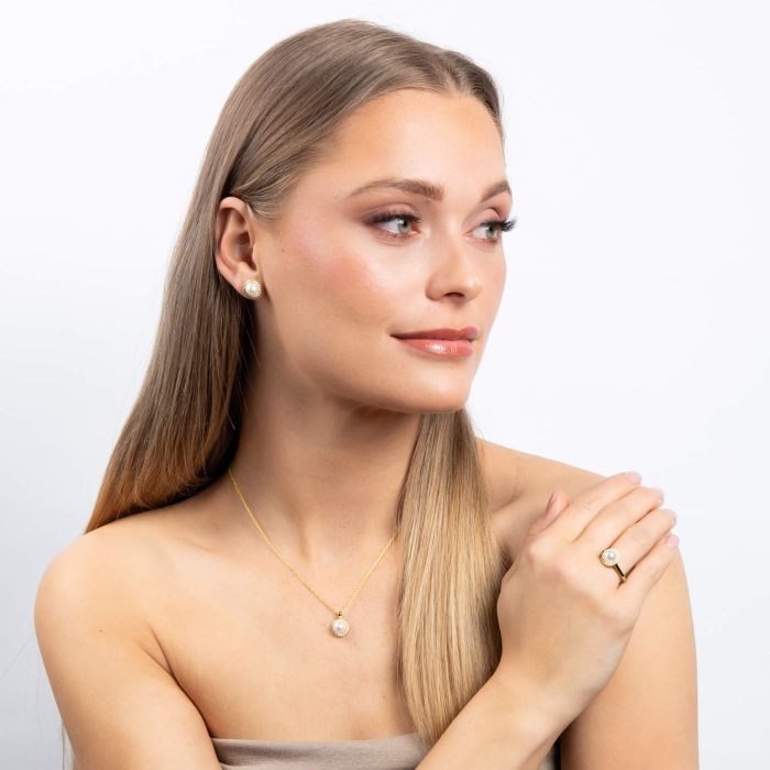 Diamonfire Shell Pearl and Zirconia Halo Ring in Sterling Silver
