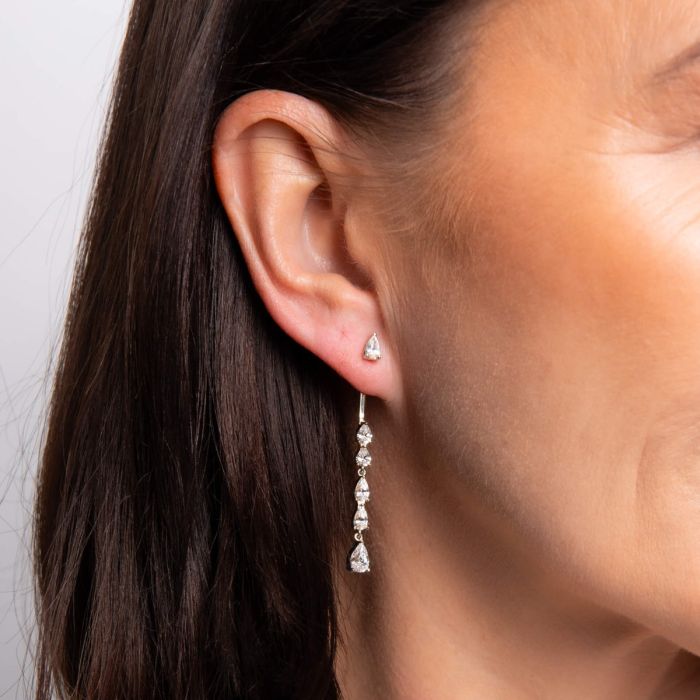 Diamonfire Sterling Silver Teardrop Front Stud and Back Drop Earrings