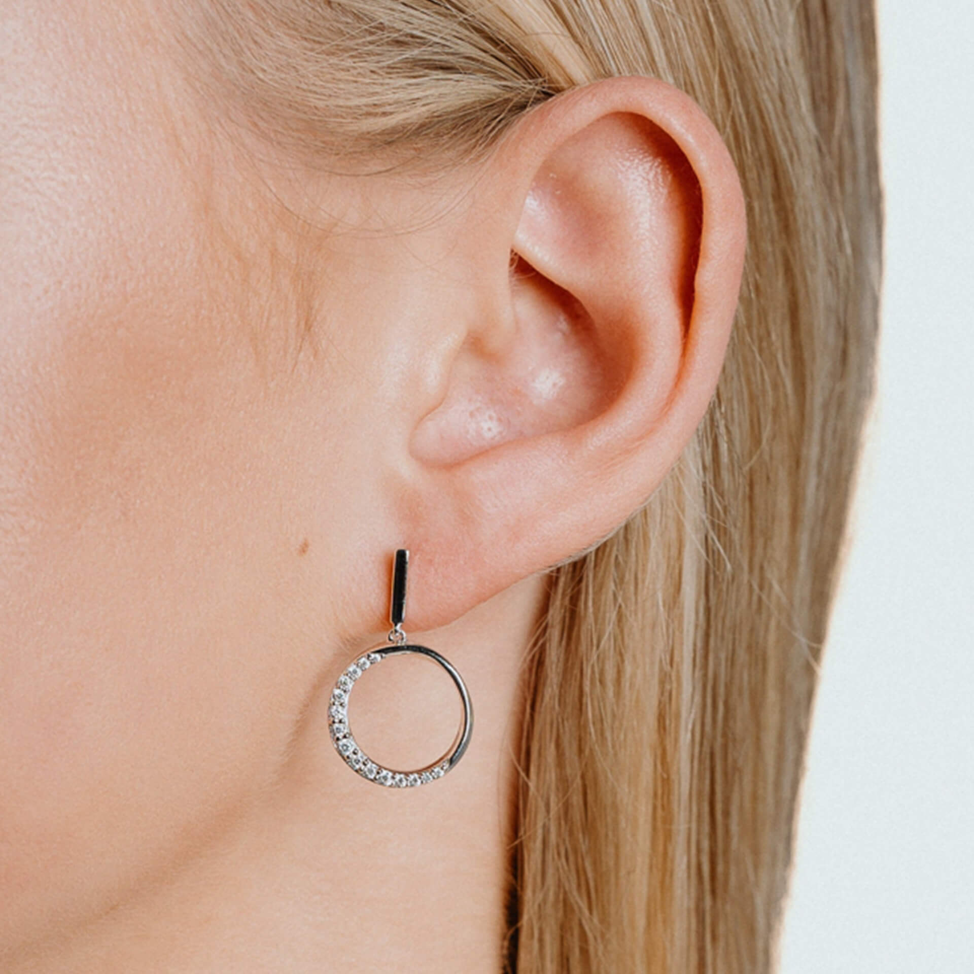 Diamonfire Half Pave Open Circle Earrings in Sterling Silver