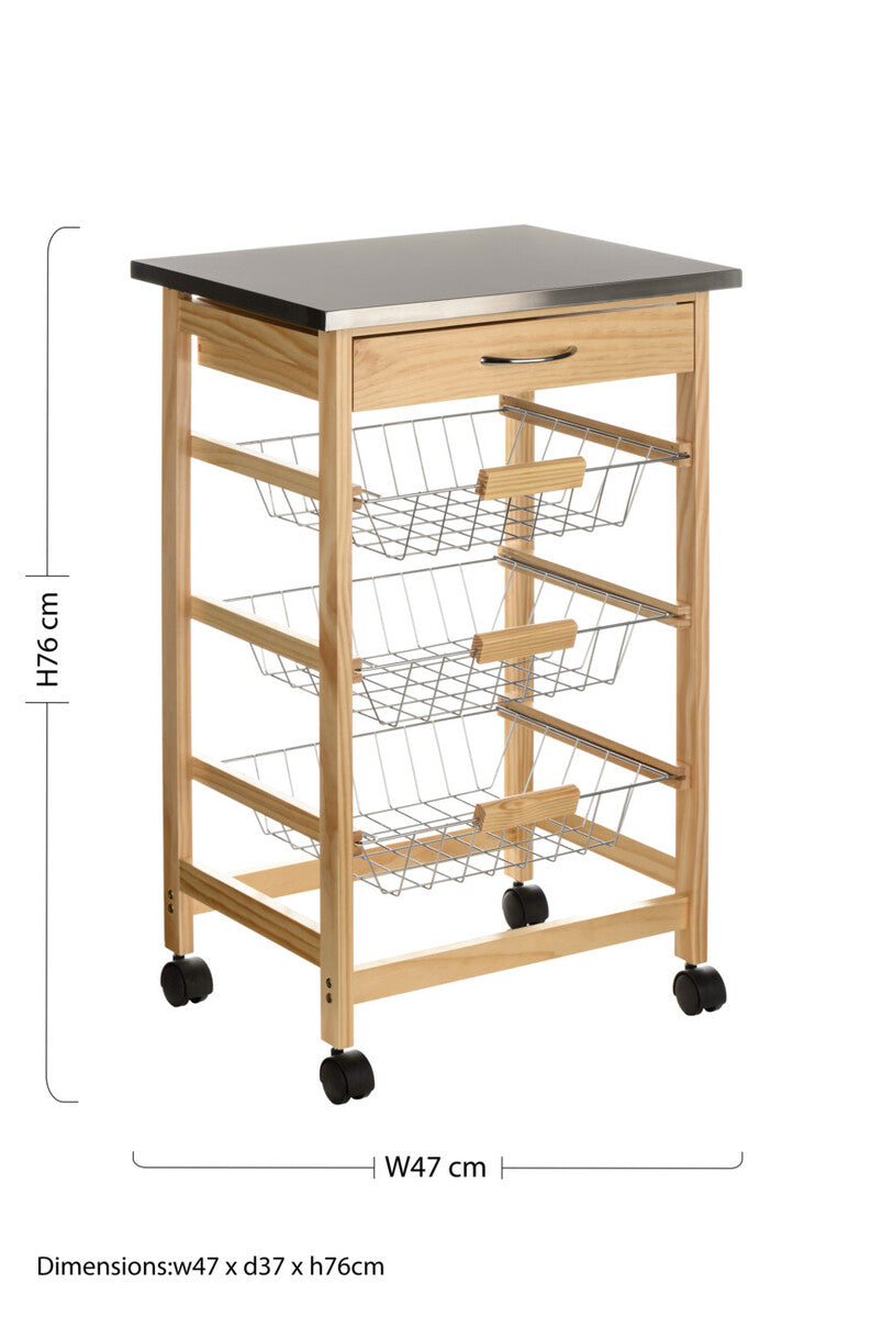Orsina Harlow Glenn Kitchen Trolley – 3 Wire Baskets & Pinewood