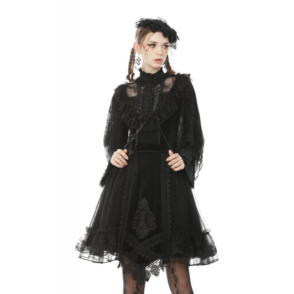 Dark in Love Melisandre Embroidered Velvet Mesh Goth Skirt - Black