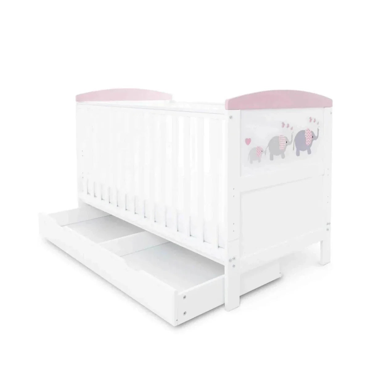 Ickle Bubba Coleby Style Cot Bed with Under Drawer Elephant Love Pink - Premium Sprung Mattress