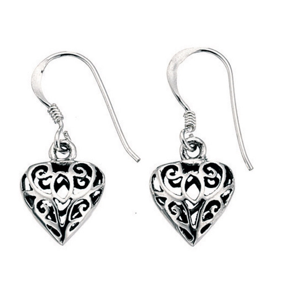 Gecko Jewellery Sterling Silver Filigree Heart Drop Earrings