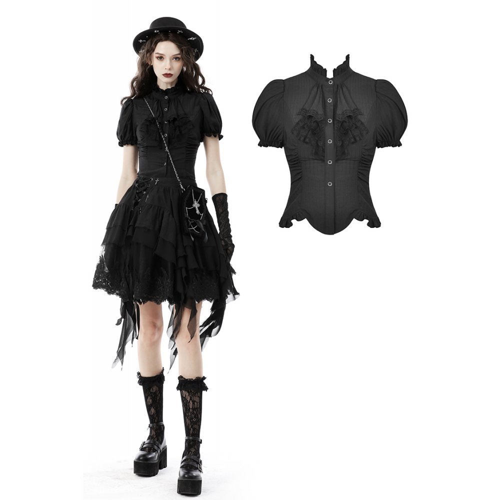 Dark In Love Sinead Black Gothic Blouse – Short Puff Sleeve Ruffle Collar