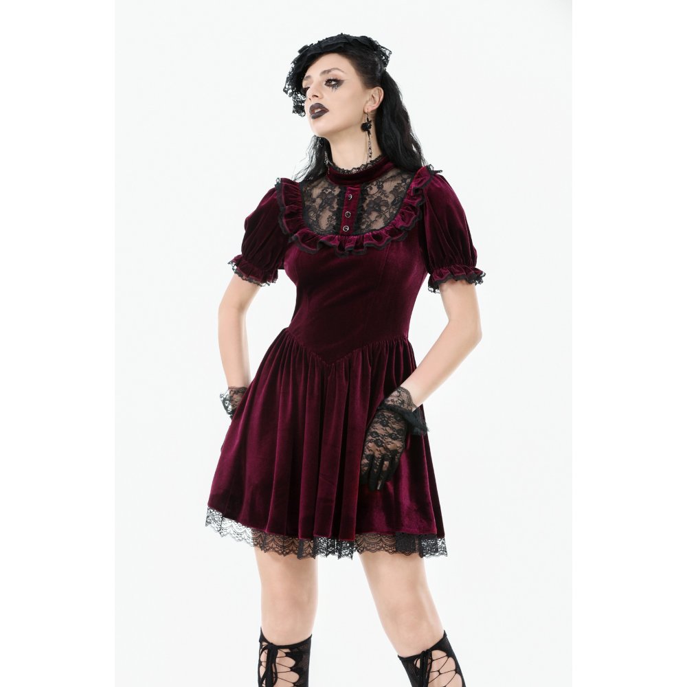 Dark in Love Ophelia Burgundy Velvet Goth Dress with Lace Collar