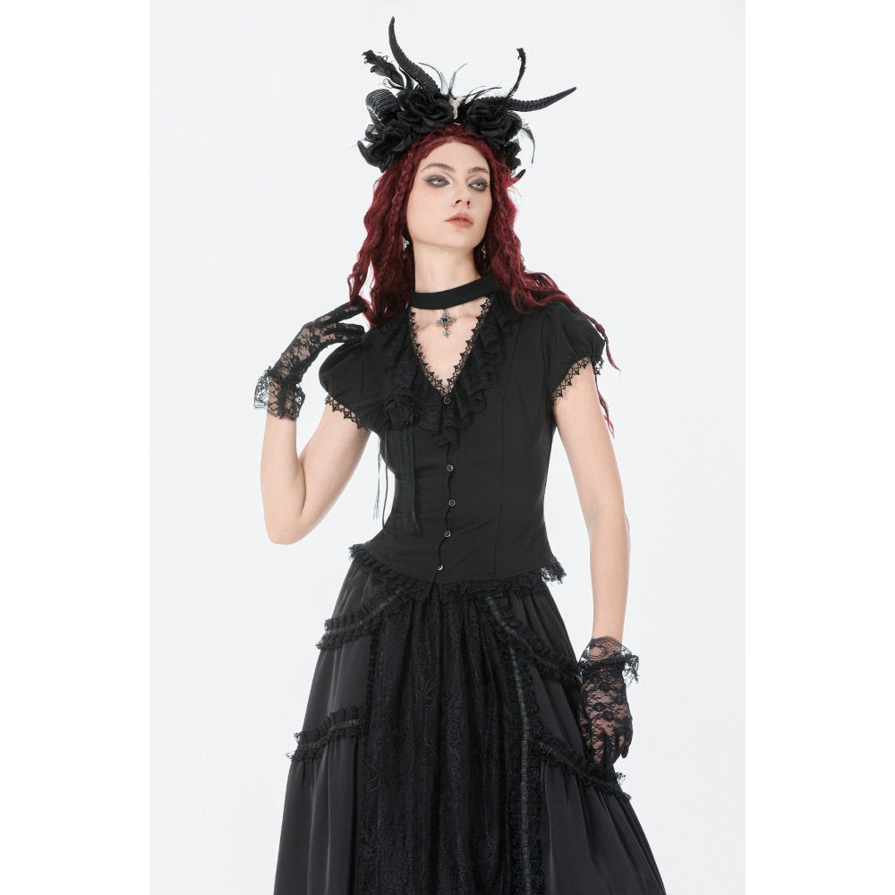 Dark in Love Courtly Cross Gem Gothic Blouse | Black Lace Puff Sleeve