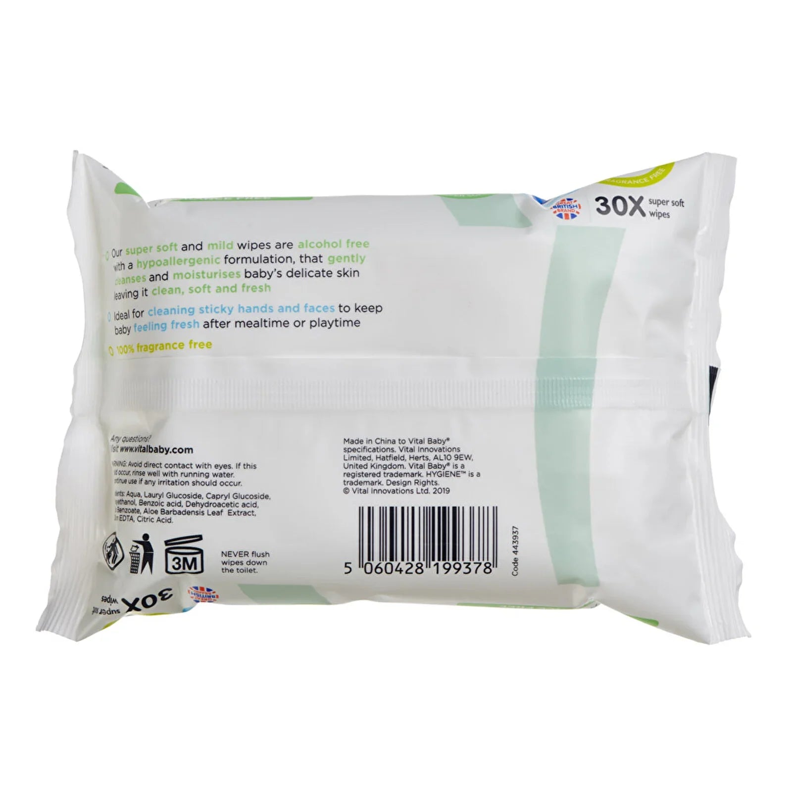 Vital Baby Hygiene Super Soft Hand & Face Wipes Fragrance Free 30 pcs