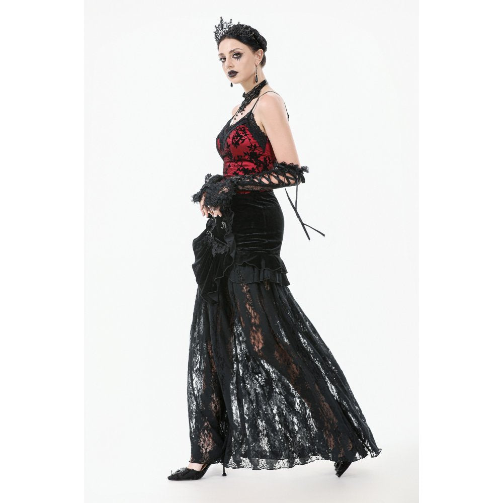 Dark in Love Gothic Lace Velvet Layered Maxi Skirt – Black Victorian