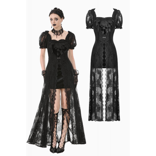 Dark in Love Morwenna Black Lace Gothic Maxi Dress with Train
