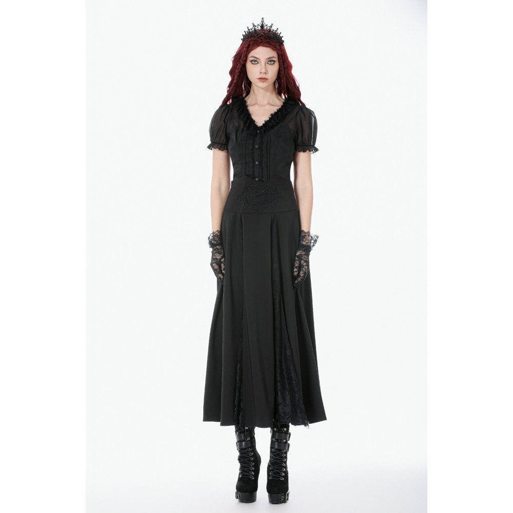 Dark in Love Gothic Long Skirt – High Waist Lace Inset Flowing Skirt