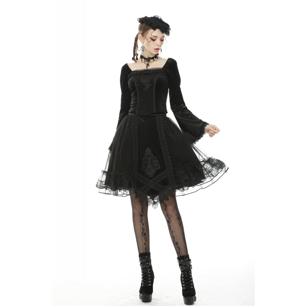 Dark in Love Melisandre Embroidered Velvet Mesh Goth Skirt - Black