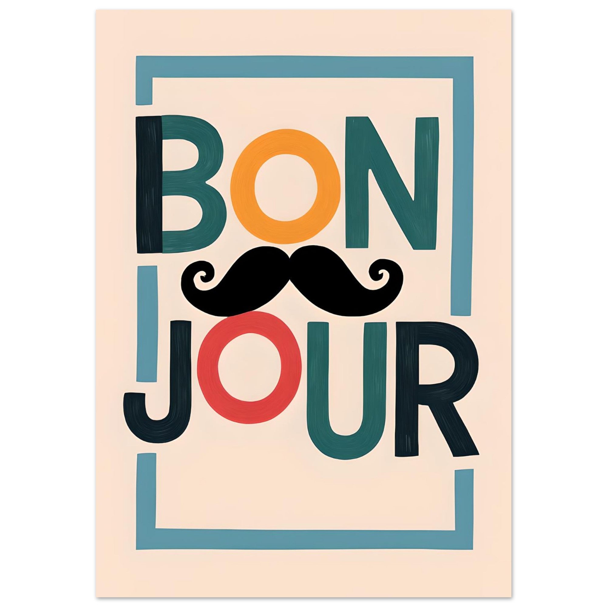 Bonjour Poster - Quirky French Greeting Wall Art with Mustache - Fun Living Room & Café Decor