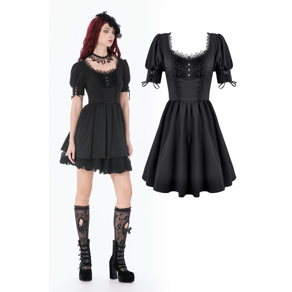Dark in Love Gothic Lace Square-Neck Puff Sleeve Dress – Black