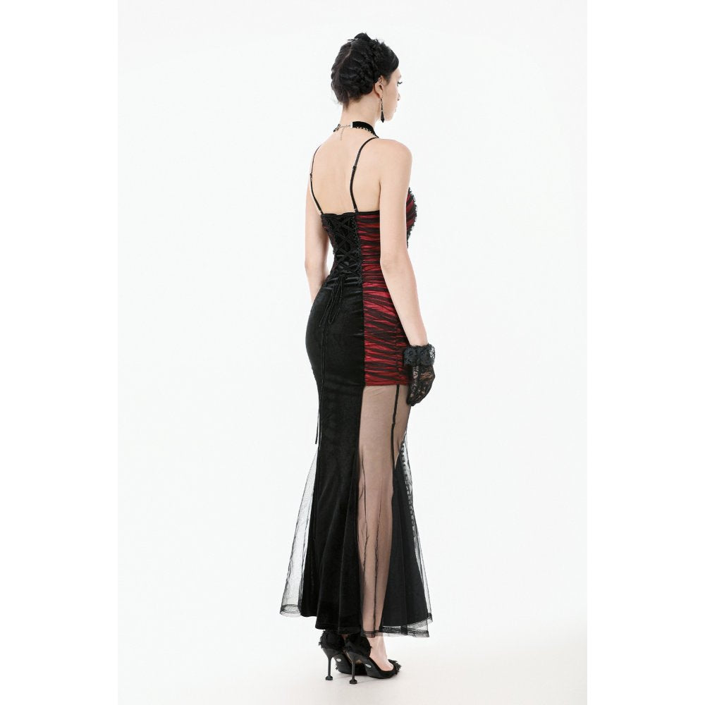 Dark in Love Lilith Goth Gown – Red & Black Velvet Mesh Panel Dress