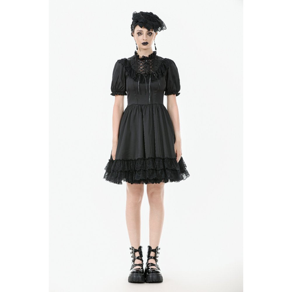 Dark in Love Belladonna Goth Dress – Black Lace-Up Puff Sleeve