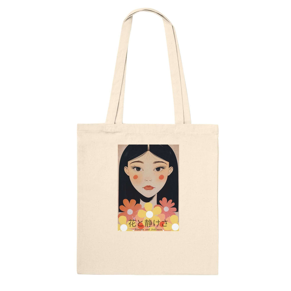 Flowers & Stillness Tote Bag – Japanese Portrait Eco Canvas Shopper – Artistic Floral Carryall Gift