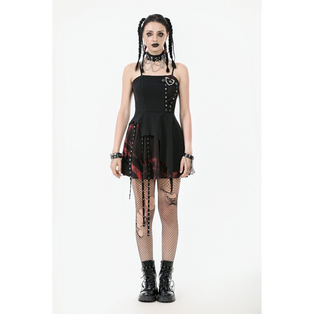 Dark in Love Nyssa Goth Mini Dress – Black & Red Strap Detail