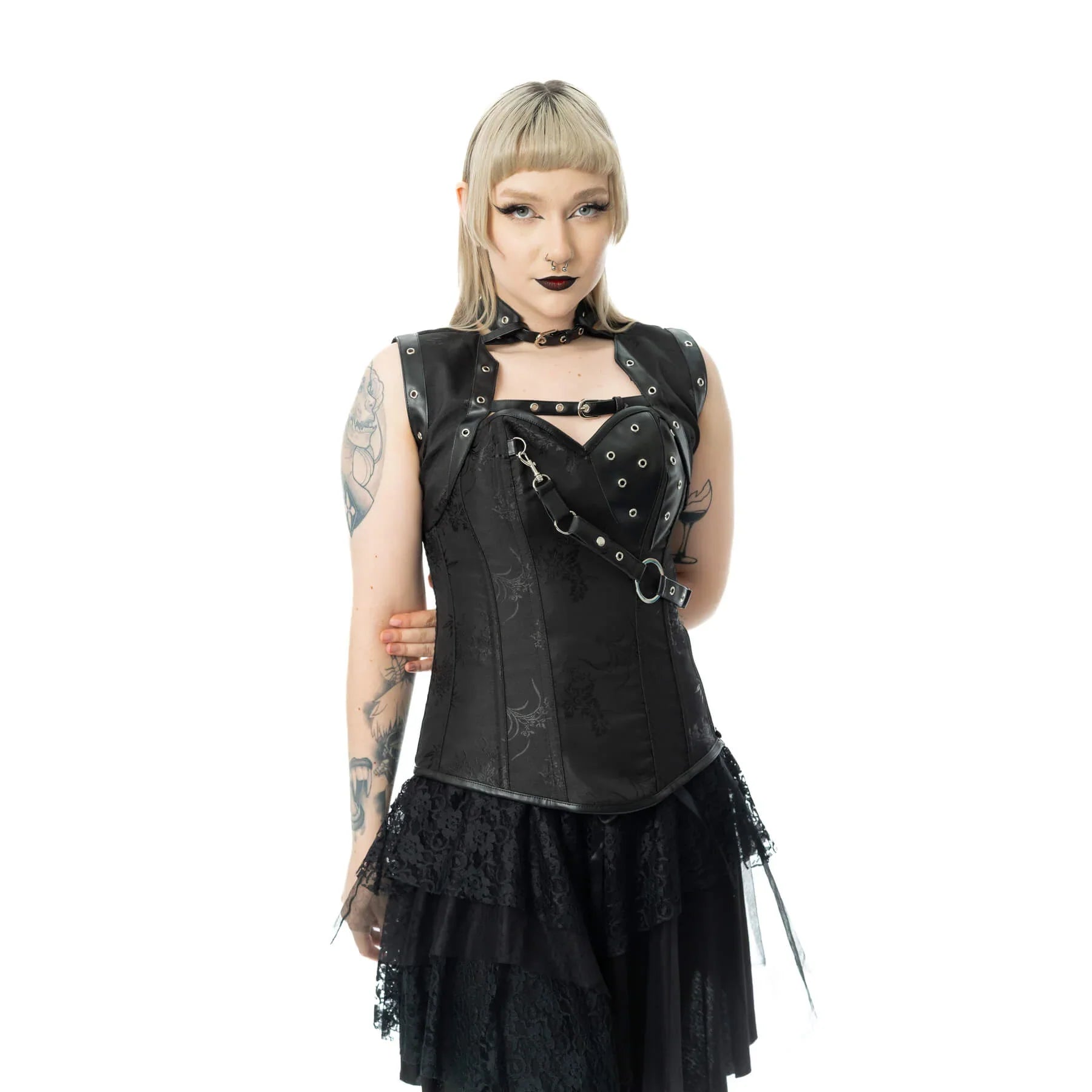 Vixxsin Ebony 2 Piece Corset – Gothic Jacquard & PVC Harness Top