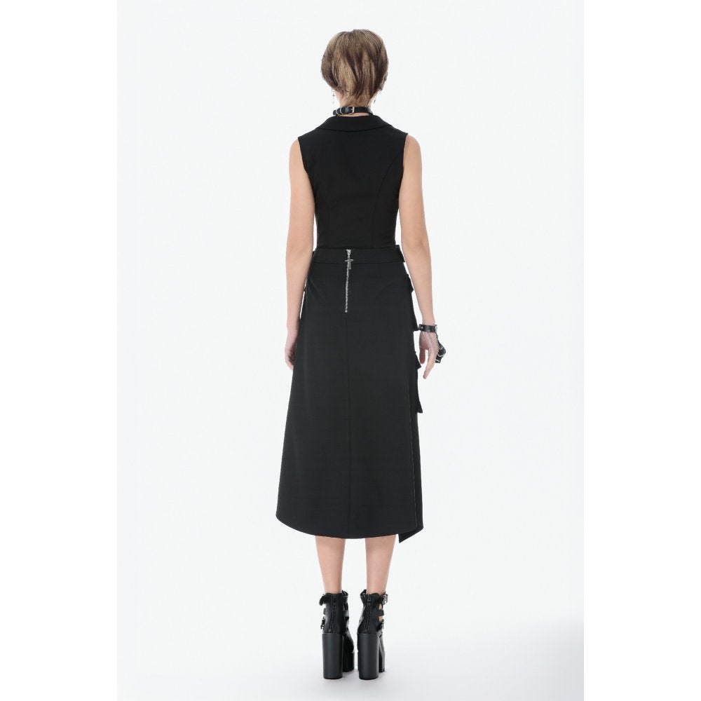 Dark in Love Black Punk Long Skirt – Layered Cutout Belted Gothic Skirt
