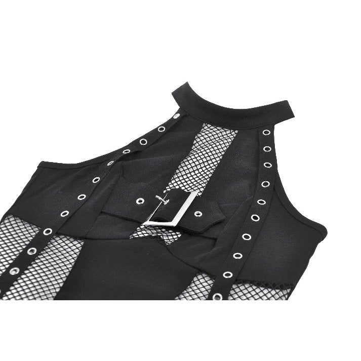 Dark in Love Bondage Mesh Panel Buckle Top – Black Punk Goth Halter