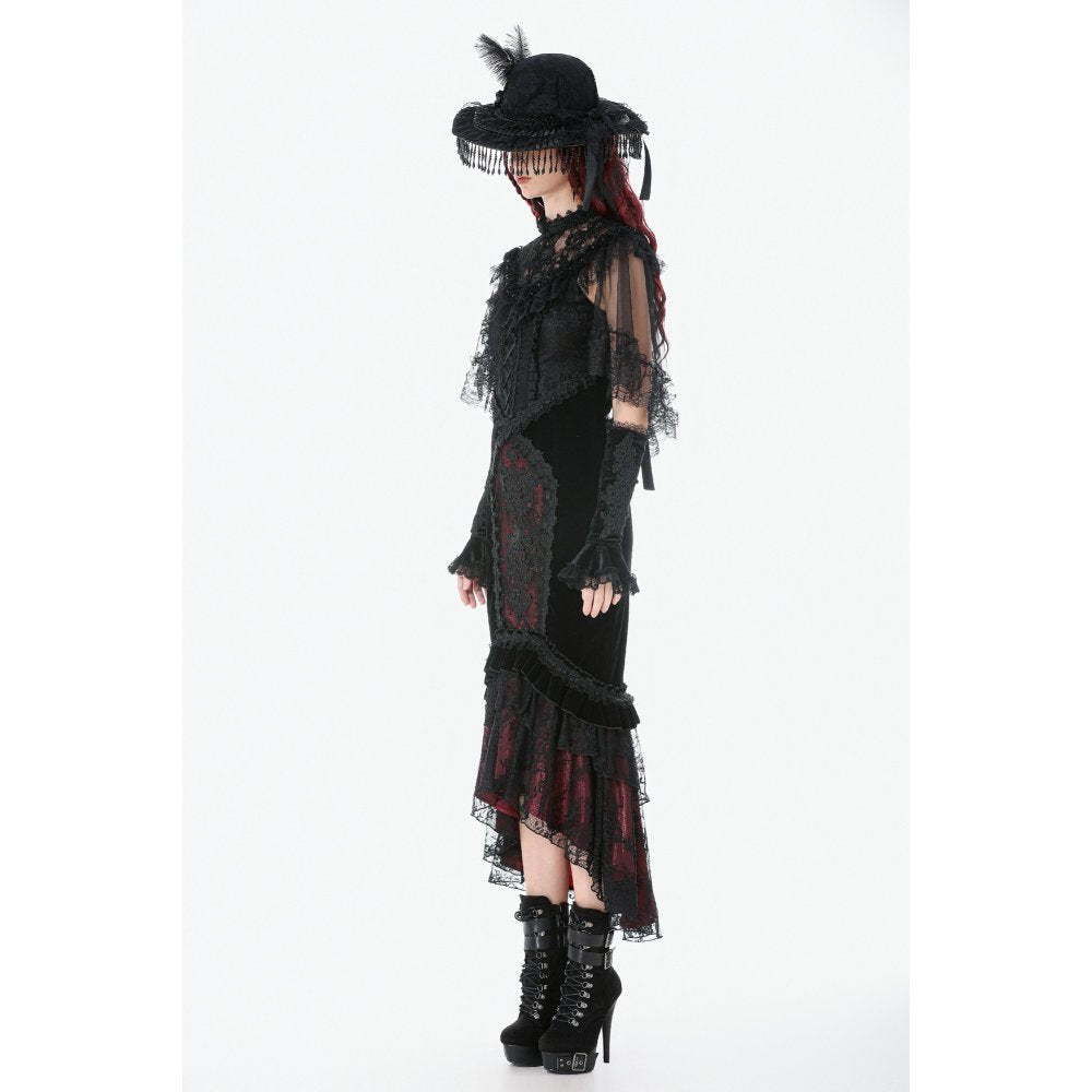 Dark in Love Gothic Velvet Mermaid Skirt – Elegant Red Lace Trim