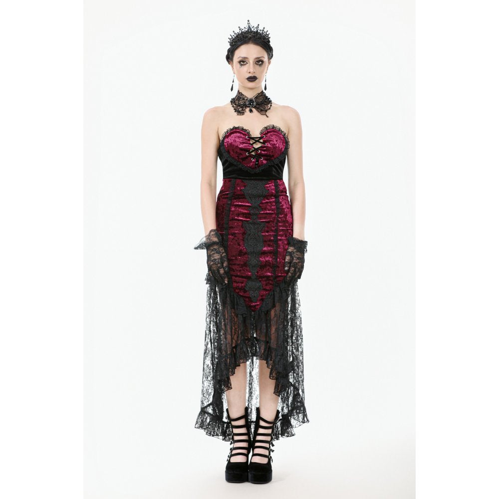 Dark in Love Crimson Queen High-Low Goth Skirt – Burgundy Velvet & Lace