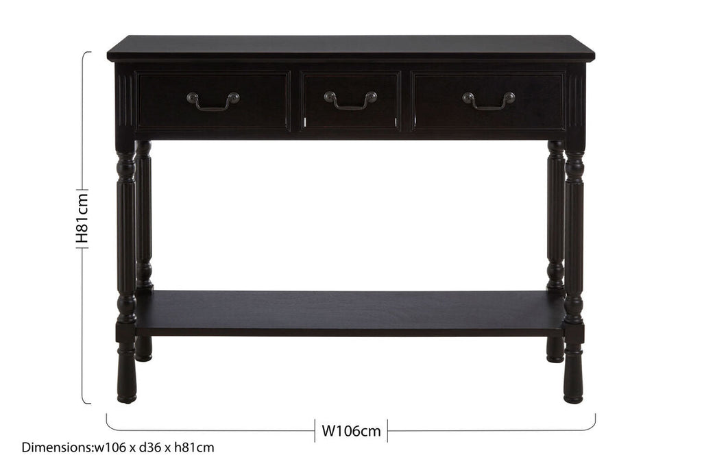 Orsina Vintage Black Pine Wood 3-Drawer Console Table with Shelf