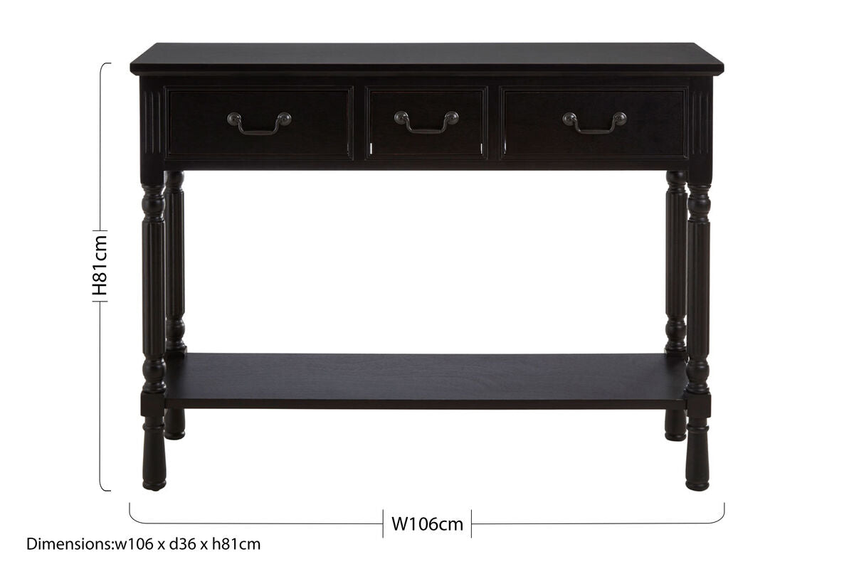 Orsina Vintage Black Pine Wood 3-Drawer Console Table with Shelf